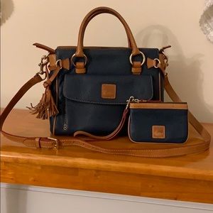 Dooney & Bourke Navy and Tan Leather Satchel with Wristlet